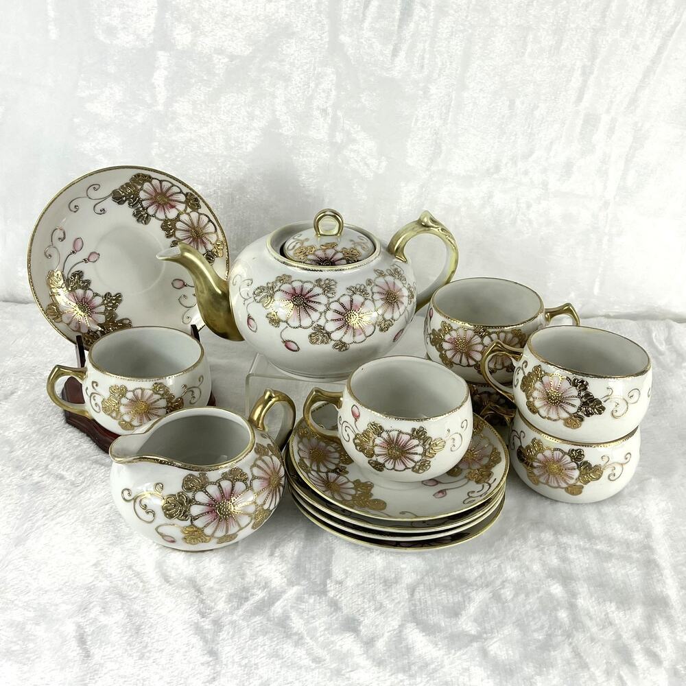 Vtg Nippon Hand-Painted Pink Rose Tea Set 12pc Teapot Creamer Gold Trim Japan